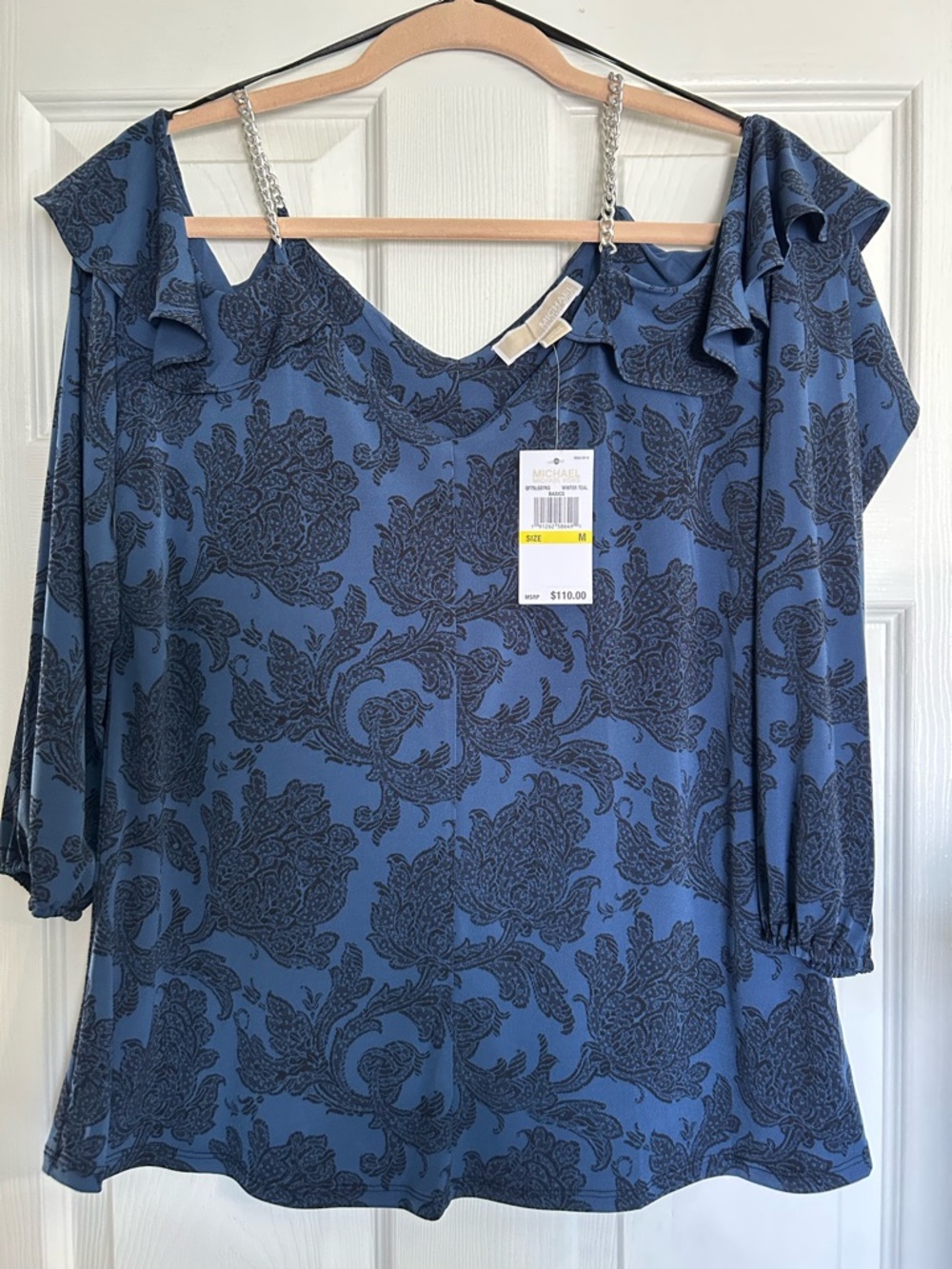MK Blue Floral Cold-Shoulder Blouse with Chain Straps